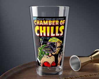 Chamber of Chills Comic Cover Mixing Glass, 16oz | Retro Horror Artwork Classic EC