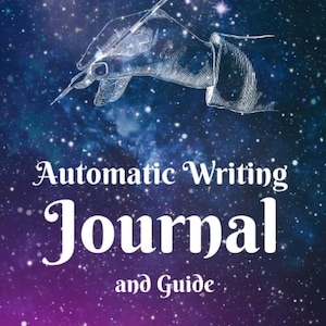 May include: A book cover with a starry night sky background. The title reads "Automatic Writing Journal and Guide" in white, with a stylized hand holding a pen overlaying the top. Author's name, Mary Klockler, is at the bottom.