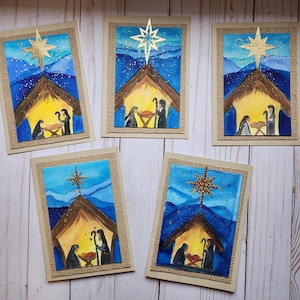Biglietto d'auguri fatto a mano con la storia della Natività - Set di 5 / Spirituale / Inverno / Natale / Unico nel suo genere / Vuoto / Vacanza / Acquerello / Cristiano