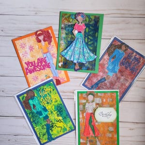 Juego de tarjetas de felicitación en técnica mixta, pintadas a mano (juego de 5), para adolescentes, mujeres jóvenes, únicas, tarjetas en blanco y tarjetas de cumpleaños