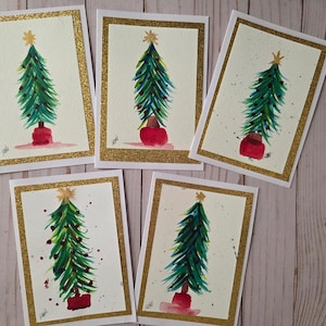 Handmade Christmas Tree Greeting Card - Set of 5 | Snow | One-of-a-Kind | Blank | Holiday | Watercolor | Tree | Christian | Xmas