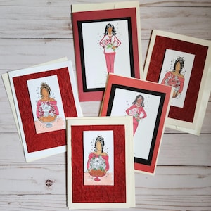 Set di biglietti di auguri ad acquerello - (set di 5) / Pezzi unici / Donne afroamericane / Composizioni floreali / Biglietti vuoti / Biglietti per occasioni miste