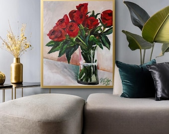 Roses Are Red Canvas | Floral Painting | Wall Art | Portrait | Hand Painted  Digital Print | Roses | Flowers | Home Decor | Unframed