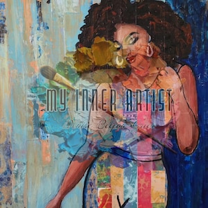 May include: A colorful abstract painting of a woman with curly hair. The woman is wearing a pink and white shirt and blue pants. The painting is made with a collage technique and includes paint, paper, and other materials. The text "my inner artist" is visible in the painting.