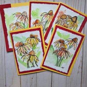 Biglietti d'auguri con girasoli acquerellati fatti a mano - Set da 5 / Pezzi unici / Vuoti / Floreali / Natura / Arte / Qualsiasi occasione / Da regalare / Estate