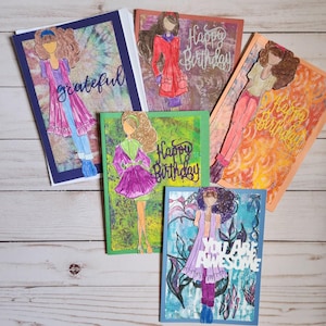 Handgefertigte Mixed Media Aquarell Grußkarten Set - (5er Set) | Einzelstück | Teenager Mädchen | Junge Frauen