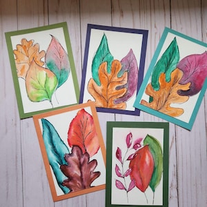 Biglietto di auguri fatto a mano con foglie autunnali - Set di 5 / Tecnica mista / Autunno / Foglie / Pezzo unico / Biglietti vuoti / Biglietti per tutte le occasioni / Acquerello