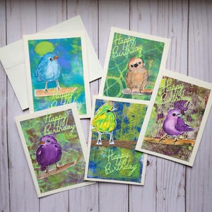 Biglietti di auguri di compleanno fatti a mano con acquerello - Set di 5 / Neve / Pezzi unici / Vuoti / Compleanno / Acquerello / Uccelli / Natura / Animali