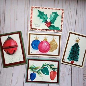 Biglietto di auguri natalizio fatto a mano con tecnica mista - Set di 5 / Neve / Pezzo unico / Vuoto / Festività / Acquerello / Albero / Ornamento / Cristiano