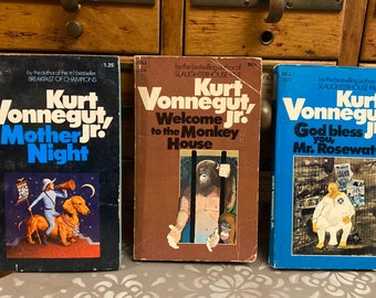 Kurt Vonnegut Vintage Paperbacks - Welcome to the Monkey House, Mother Night, God Bless You, Mr. Rosewater - Dell, Book Collection, Lot of 3