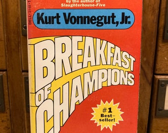 Breakfast of Champions by Kurt Vonnegut, Vintage Paperback Book with drawings by the author, Book Collector Gift, First Edition Dell