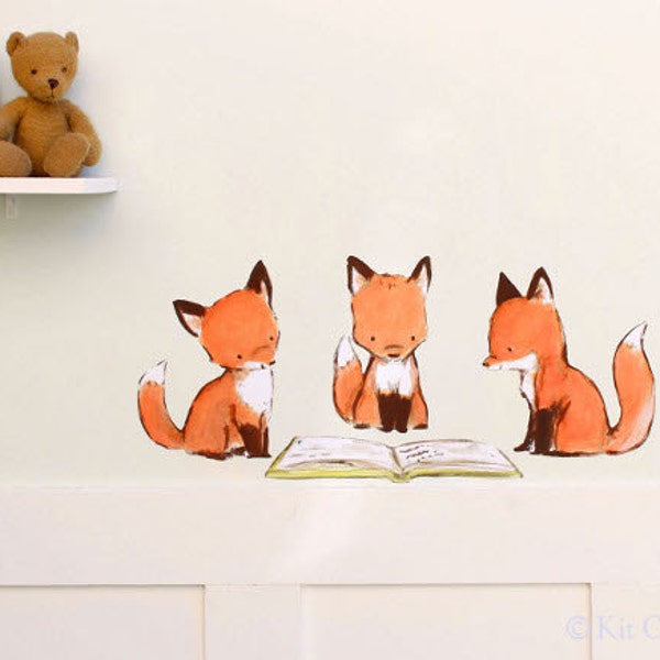 Fox Nursery Art, book art, Foxy Book Club, fabric wall decal, removable and reusable, Kit Chase artwork