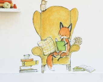 Fox art, woodland nursery, Foxy Books, Wall Decal, book art