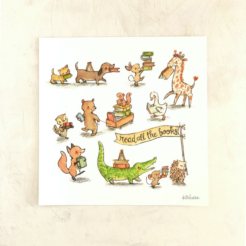Woodland nursery art Read All the Books 11x11 book art 8x8 Gicl\u00e9e print