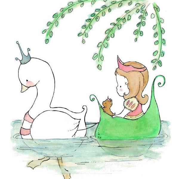 Children's Art -- Swan and Princess -- Archival Print