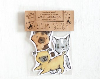 Puppy art, dog nursery, puppies set D (German Shepherd, Australian Cattle Dog, Pug), Wall Stickers, Set of 3