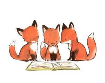 Children's Art -- "FOXY BOOK CLUB" -- Archival Print 13x19 inches