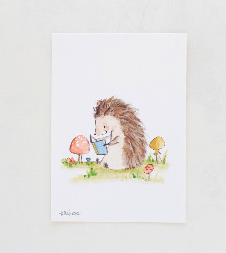 Forest nursery art, woodland art, Bookish Hedgehog, Giclée Print, Kit Chase artwork image 1