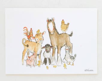 Children's nursery, farm art, Farm Buddies, giclée print, Kit Chase artwork, 5x7, 8x10, 11x14