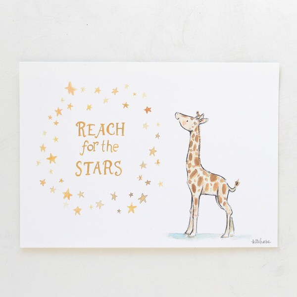 Jungle nursery, giraffe art, Reach for the Stars Giraffe, giclée print, Kit Chase artwork, 5x7, 8x10, 11x14