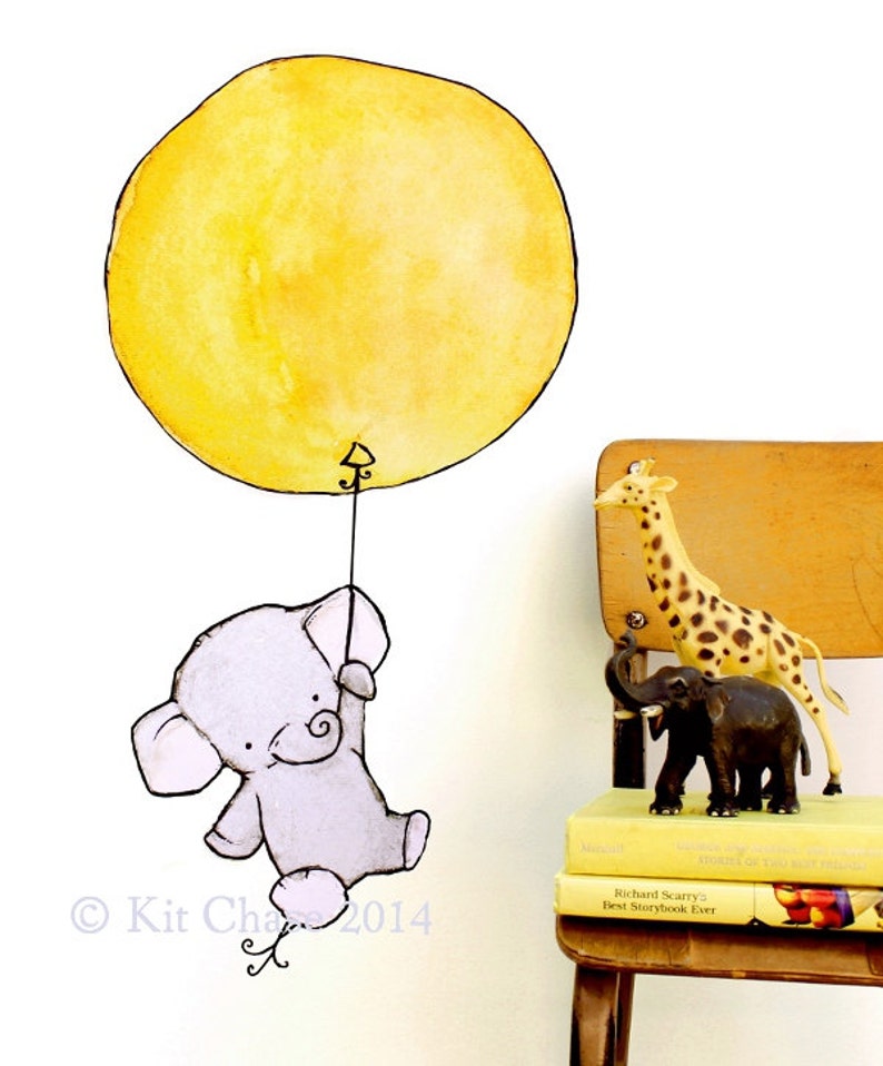 Elephant art, jungle nursery decor, Elephant Balloon, wall decal, Kit Chase artwork image 1