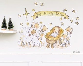 Christmas art, Joy, Nursery wall art, Kit Chase artwork, fabric wall decal,  removable and reusable