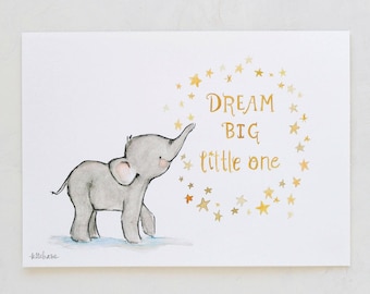 Elephant art, nursery decor, Dream Big, giclée print, Kit Chase artwork, 5x7, 8x10, 11x14