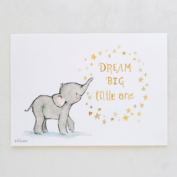 Elephant art, nursery decor, Dream Big, giclée print, Kit Chase artwork, 5x7, 8x10, 11x14