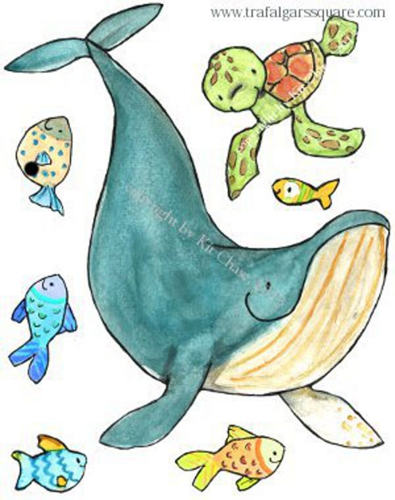 Ocean art, sea animals, Briny Buddies set A, wall decal, Kit Chase artwork, reusable image 2