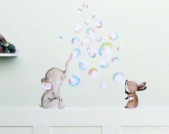 Elephant art, nursery decor, Bubble Party, wall decal, Kit Chase artwork, reusable