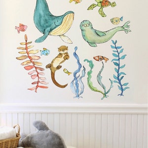 Ocean art, sea animals, Briny Buddies set A, wall decal, Kit Chase artwork, reusable image 1