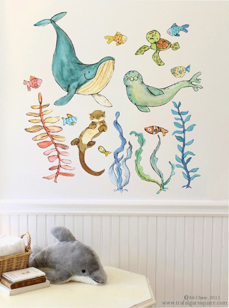 Ocean art, sea animals, Briny Buddies set A, wall decal, Kit Chase artwork, reusable image 1