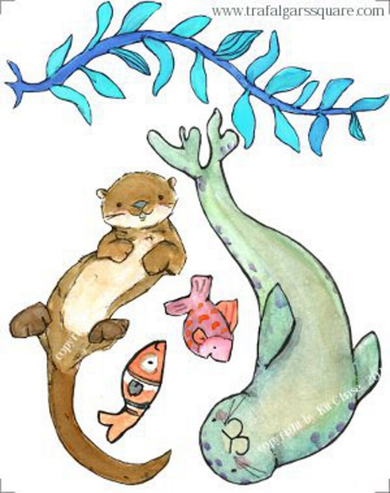 Ocean art, sea animals, Briny Buddies set A, wall decal, Kit Chase artwork, reusable image 3