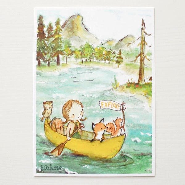 Forest nursery art, woodland decor, Explorer Girl, giclée print, Kit Chase artwork, 5x7, 8x10, 11x14