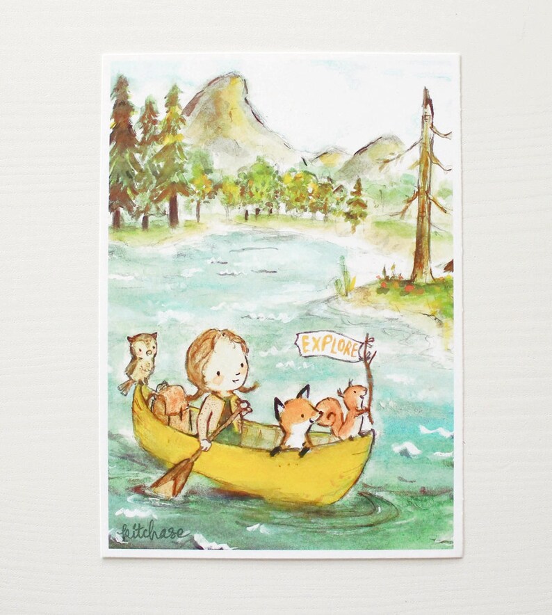 Forest nursery art, woodland decor, Explorer Girl, giclée print, Kit Chase artwork, 5x7, 8x10, 11x14 image 1