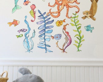 Ocean art, sea animals, Briny Buddies set B, wall decal, Kit Chase artwork, reusable