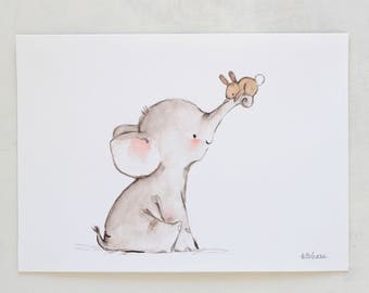Elephant Nursery Art, bunny nursery art, Bunny Hug, Giclée Print, Kit Chase artwork, 5x7, 8x10, 11x14