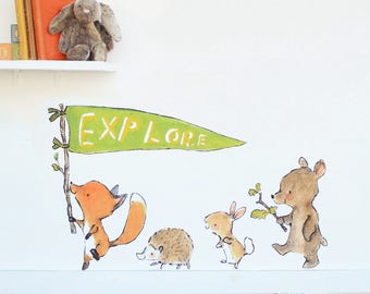Forest nursery, woodland decor, Explorer Parade, wall decal, Kit Chase artwork, reusable