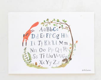 Woodland nursery, forest art, Quick Red Fox Alphabet, giclée print, Kit Chase artwork, 5x7, 8x10, 11x14