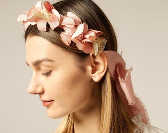Blush pink Flower Crown, Wedding Guest Headpiece, Boho Bridal Flower Crown, Party Floral Fascinator Headband, Ribbon Flower Crown Adult Gift