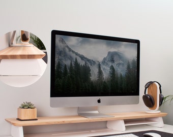 Oak Monitor Riser: Wooden Desk Organizer Shelf