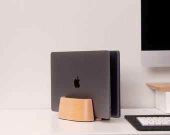 SHUOSUO Supporto verticale pc portatile, laptop stand in legno di noce a doppio fessura per scrivania, porta regolabile in larghezza per MacBook e altri laptop