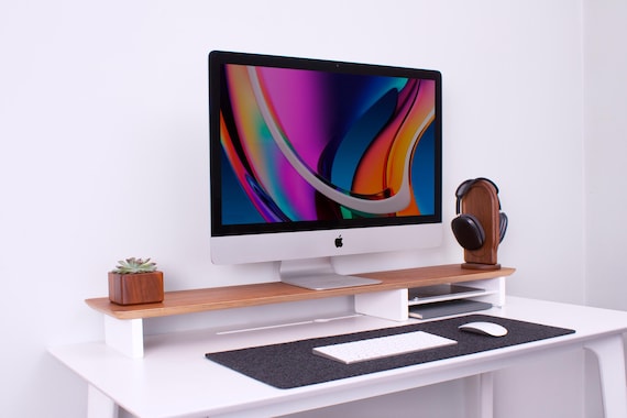 Wooden Monitor Stand Riser: Solid Maple, Oak, or Walnut Desk Organizer