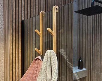 Wooden Double Towel Hook for Glass Shower Wall, Oak Walnut Ash Bathroom Organizer