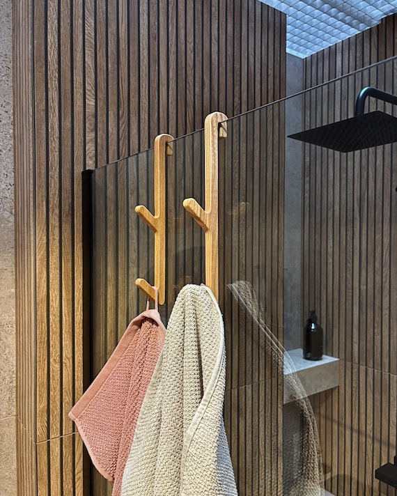 Holz Doppel Handtuch Haken für Glas Duschwand, Eiche Walnuss Esche Badezimmer Organizer