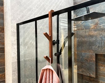 Double Towel Hook for Glass Shower Wall, Wooden Bathroom Hook Oak Ash Walnut