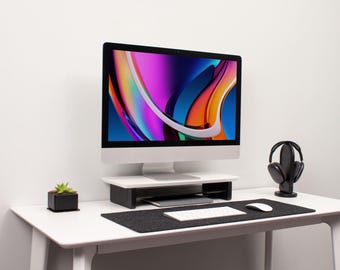 Suporte de monitor em madeira maciça: Organizador de mesa ergonômico