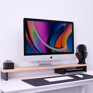 Wooden Monitor Riser: Solid Wood Desk Shelf with Customizable Side Shelf