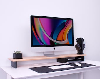 Wooden Monitor Riser: Solid Wood Desk Shelf with Customizable Side Shelf