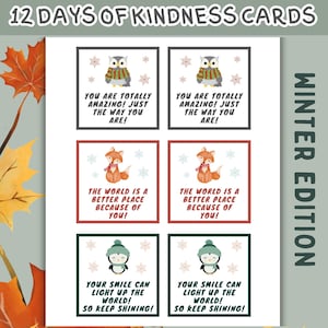 Cartes de compliments imprimables - Répandez 12 jours de gentillesse cet hiver - Partagez l'amour et l'appréciation des actes de gentillesse aléatoires - Notes de boîte à lunch